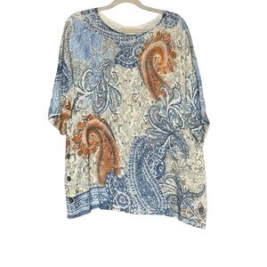Chico’s Side Button Textured Paisley Knit Rayon Blue Ivory Top Size 2‎ (Lg, 12)